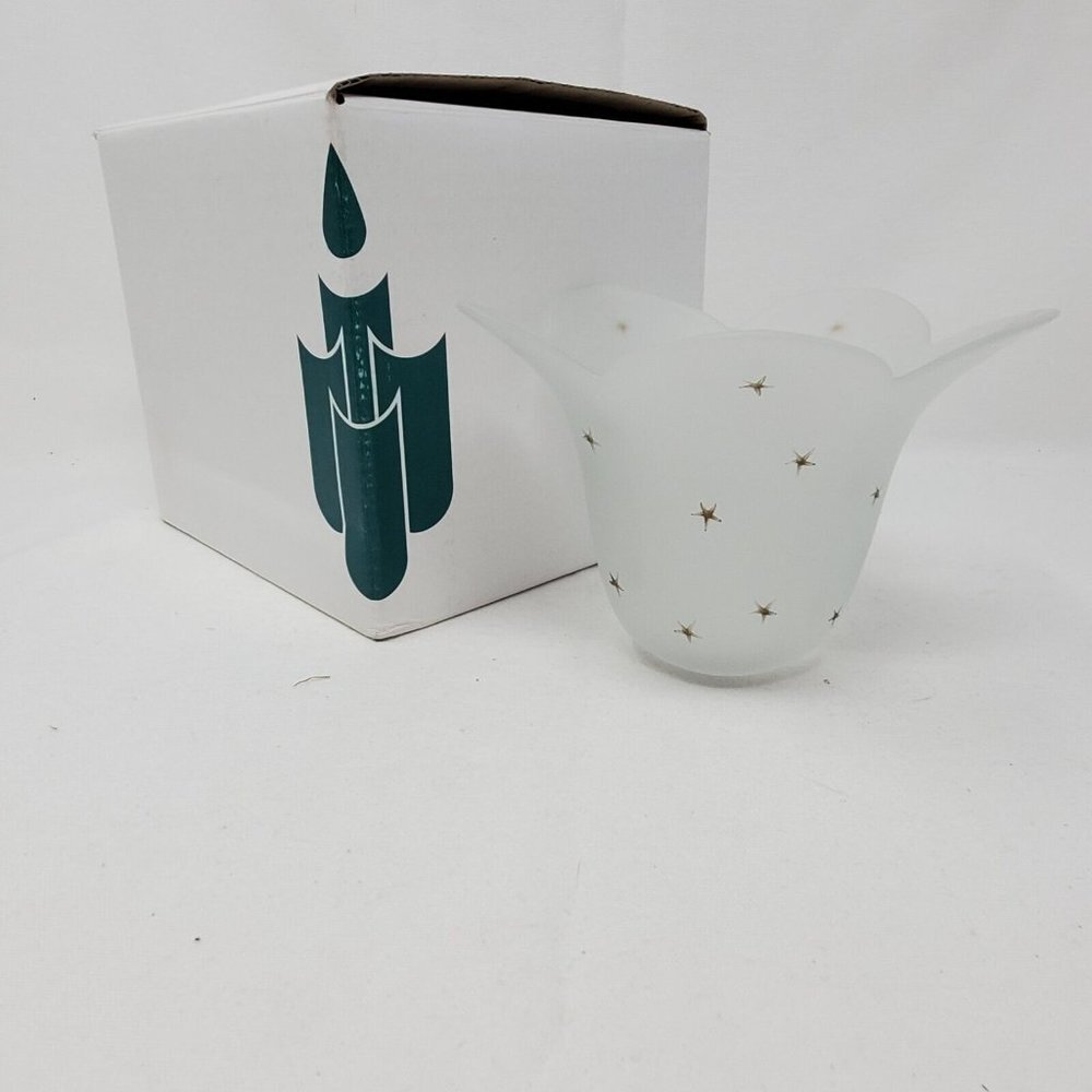 PartyLite White Satin Glass Frosted Tulip Candle Holder Gold Stars - Picture 7 of 11